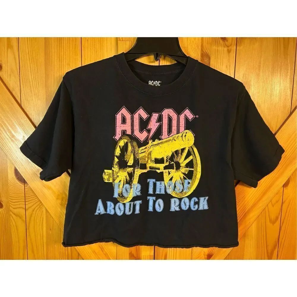 AC/DC Crop Top Medium Black Short Sleeve FOR THOSE ABOUT TO ROCK Graphic (8382)